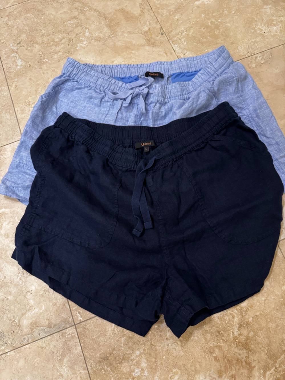 Bundle of 2 Quince linen drawstring waist shorts 1 navy and 1 French blue